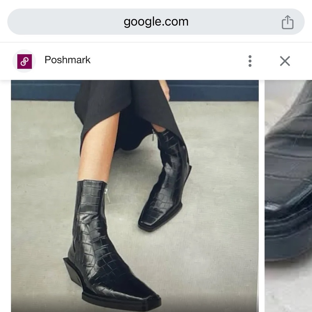 Zara Black Mock Croc Leather Square Toe Boots.  Women’s Size 39